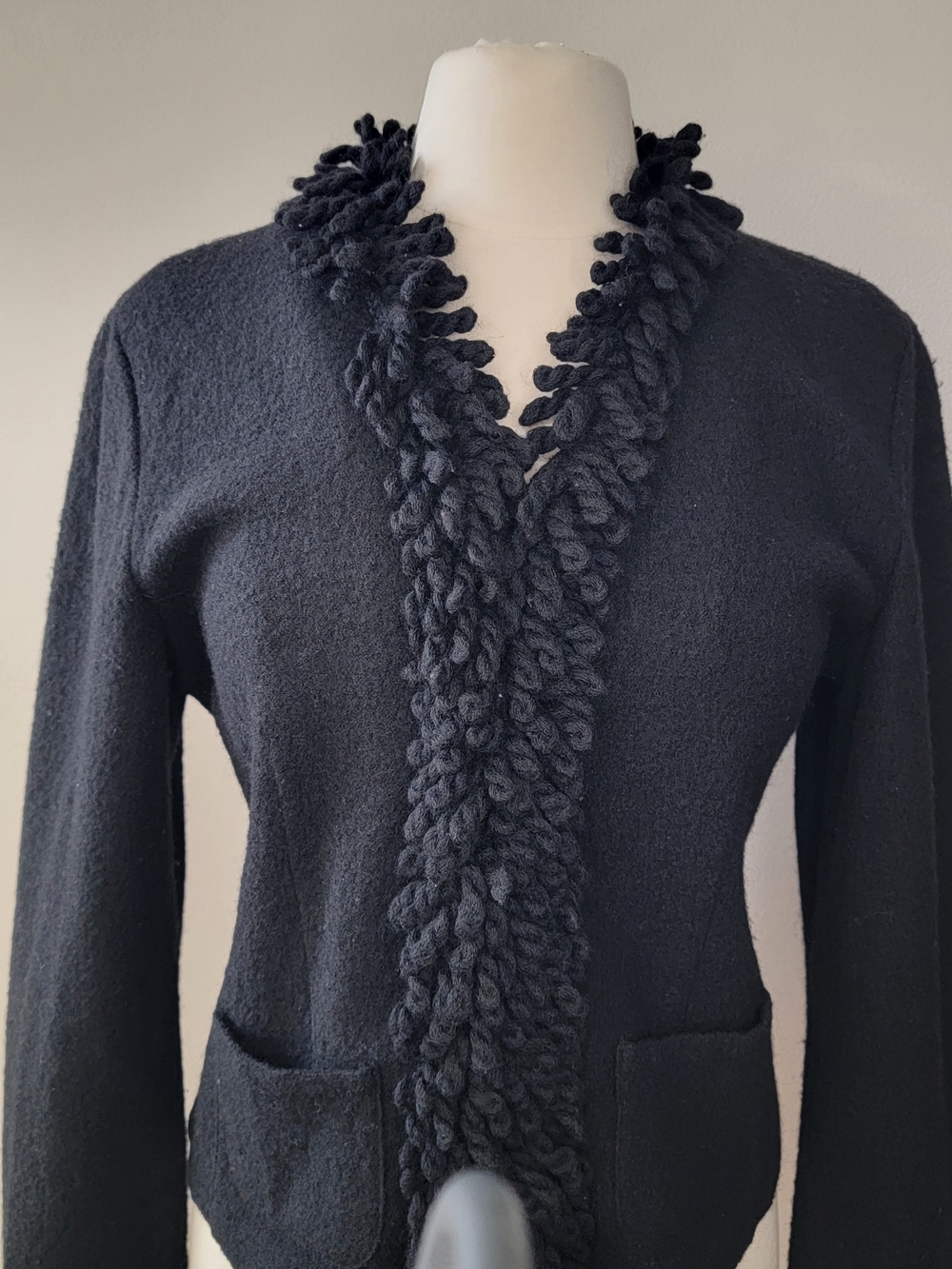 Vintage Talbots Black Boiled Fringe 100% Wool Cardigan Sweater Jacket Sz M EUC - Picture 2 of 10
